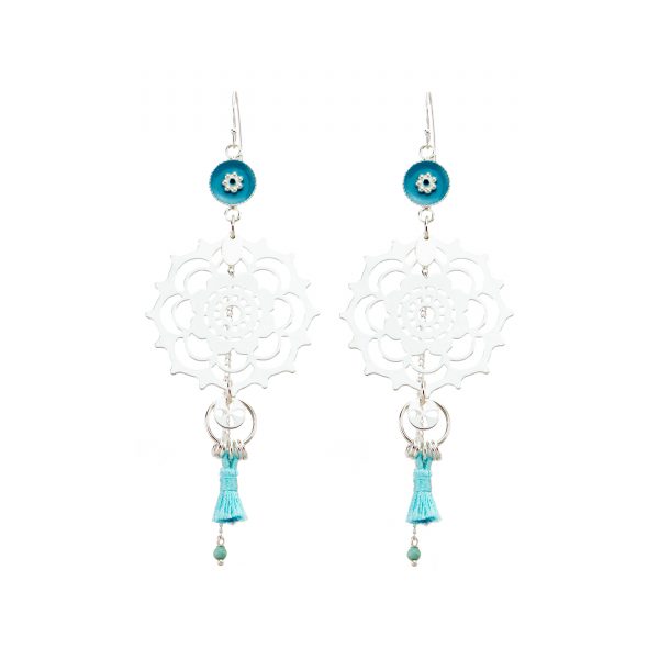 Boucles d'oreille mandala bleues et argent, bijoux fantaisie, bijoux haute fantaisie, bijoux de créateur, made in France